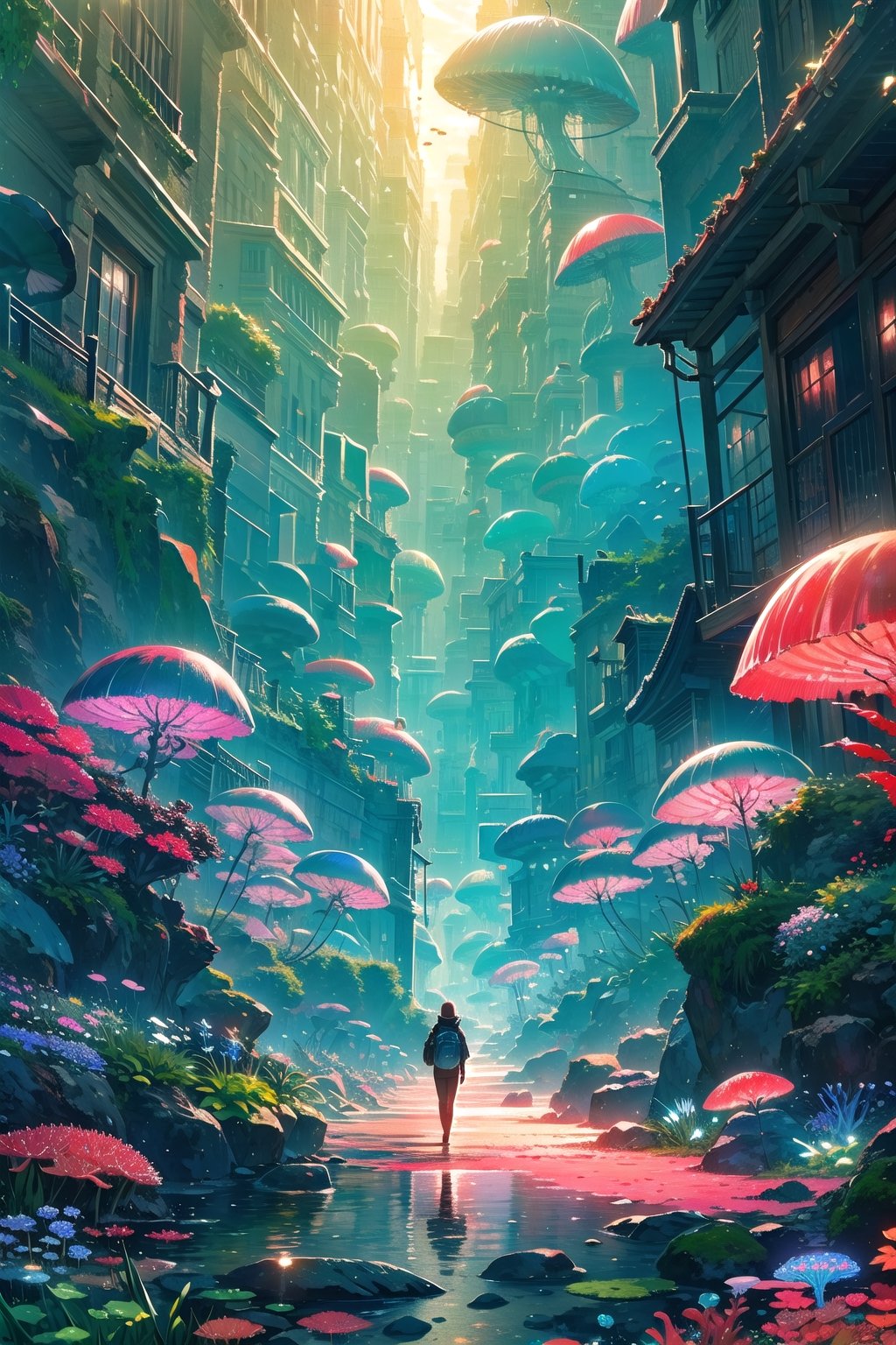 High quality, Masterpiece, Extreme Detailed, a fantasy city under the sea made with corals, bones of marine animals and marine rocks, illuminated by fish and algae of dazzling colors, houses inside air domes