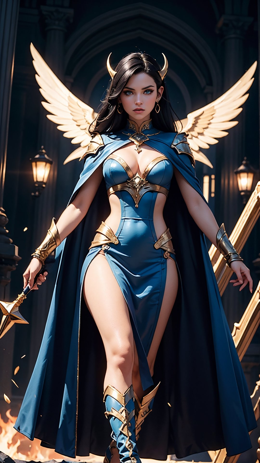 A high-definition masterpiece of an image showcases a stunning female mage, a high-elf with striking black hair and piercing blue eyes. She wears a bright white and gold cloak. She stands amidst a chaotic battlefield, casting intricate spells as demonic forces surround her. Cinematic lighting illuminates the scene, highlighting the hyper-realistic textures of her magical attire and the detailed, award-winning background. The 4K image is crystal clear, capturing every aspect of this epic struggle between good and evil.