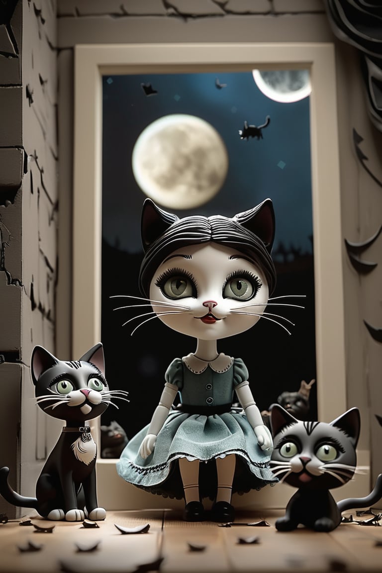 A stunning pupped doll artwork. Imagine  ((creepy female black and white cat)), (on a Wall with pièces of glass:1.5), She smiles to a  (big black male cat:1.4) the Moon shines up in the sky. Everything is depicted as if it were a masterpiece of animated puppets. The image is in high resolution and features dark and gloomy tones, typical of the horror style of Tim Burton’s animations