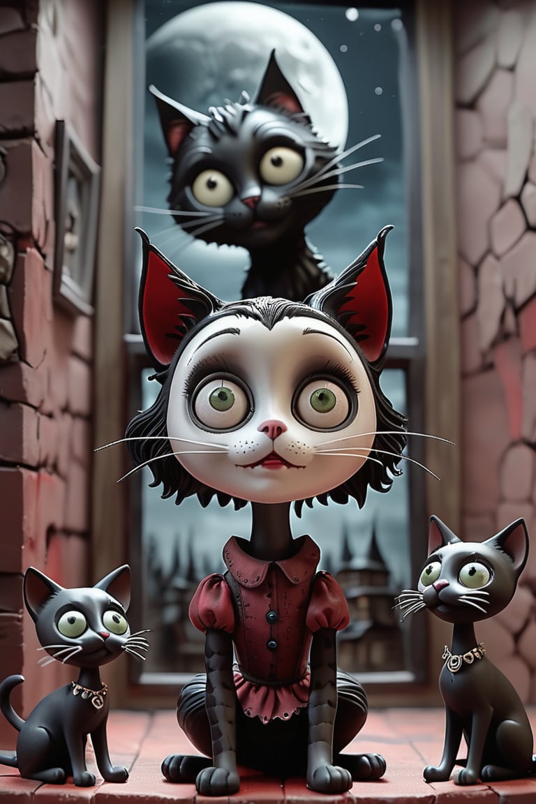 A stunning pupped doll artwork. Imagine  ((creepy black and white cat)), (on a Wall with pièces of glass:1.5), She smiles to a  (creepy big black malecat with face:1.4) the Moon shines red up in the sky. Everything is depicted as if it were a masterpiece of animated puppets. The image is in high resolution and features dark and gloomy tones, typical of the horror style of Tim Burton’s animations