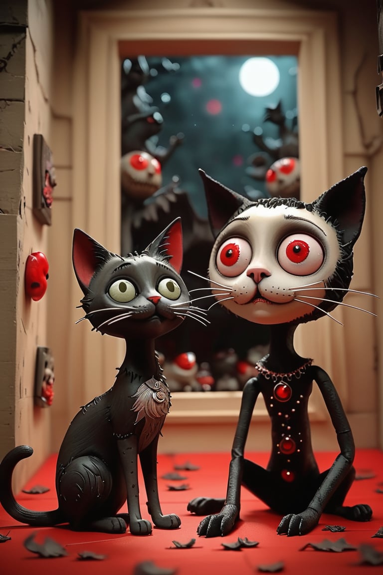 A stunning pupped doll artwork. Imagine  ((creepy black and white cat)), (on a Wall with pièces of glass:1.5), She smiles to a  ((creepy big black boy cat) a Red moon shines up in the sky. Everything is depicted as if it were a masterpiece of animated puppets. The image is in high resolution and features dark and gloomy tones, typical of the horror style of Tim Burton’s animations