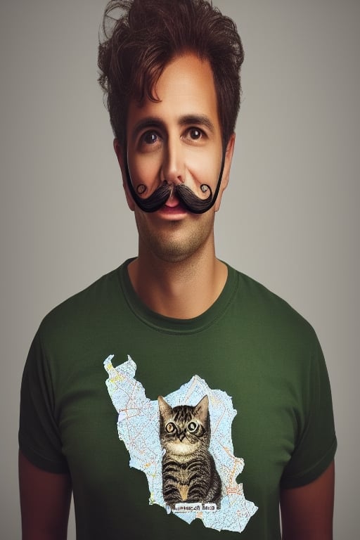 A 40-year-old man with curly mustaches, no beard, wearing a green t-shirt with a map of Iran (resembling a cat) designed on it, without the cat image