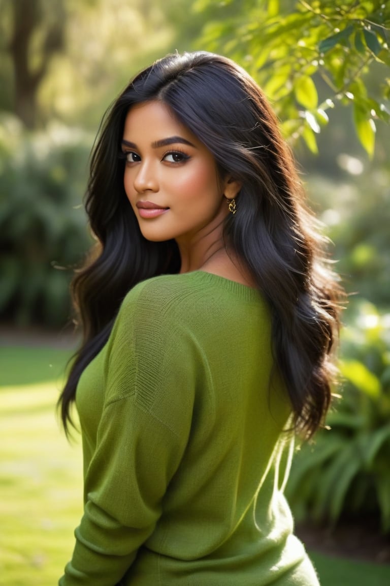 A lovely, cute, young, attractive Indian girl, aged 35, poses as a stunning model in a lush garden setting. Her long, luscious black hair cascades down her back like a waterfall of night. She wears a vibrant green sweater that complements her toned physique, accentuating her curves and good fit body. The soft afternoon sunlight casts a warm glow on the scene, highlighting the lush greenery surrounding her.
