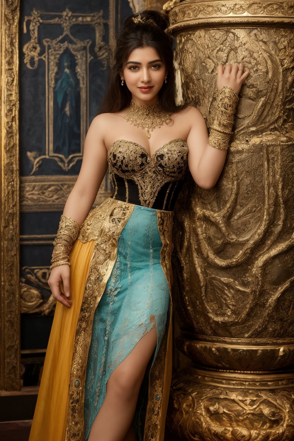 A stunning Indian woman, 28 years young, posed in a vibrant turquoise palace with ornate rococo fixtures and exquisite decorative details. She wears a pin-up dress, full skirt, tight top, lace corset, belts, and choker. Her dark brown hair is straight and smooth, framing her face with its medium length. Her shapely physique is toned and detailed, with intricate skin and facial features. Her fingers and hands are delicately rendered, as she smiles with a dynamic pose amidst the elaborate urns with flowers and bronze filigree. The lighting is dramatic, with sharp focus and dark tones, creating an immersive experience in 8K UHD HDR quality.