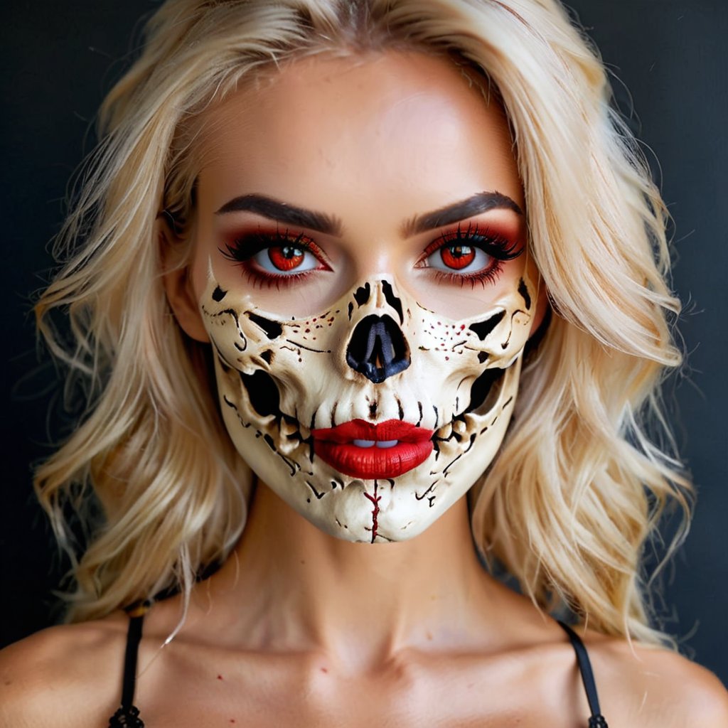 full body, beautiful woman, blond hair, red eyes, pretty face with some freckles, realistic, big false eyelashes, natural color mouth, skull pieces sample, epoxy_skull