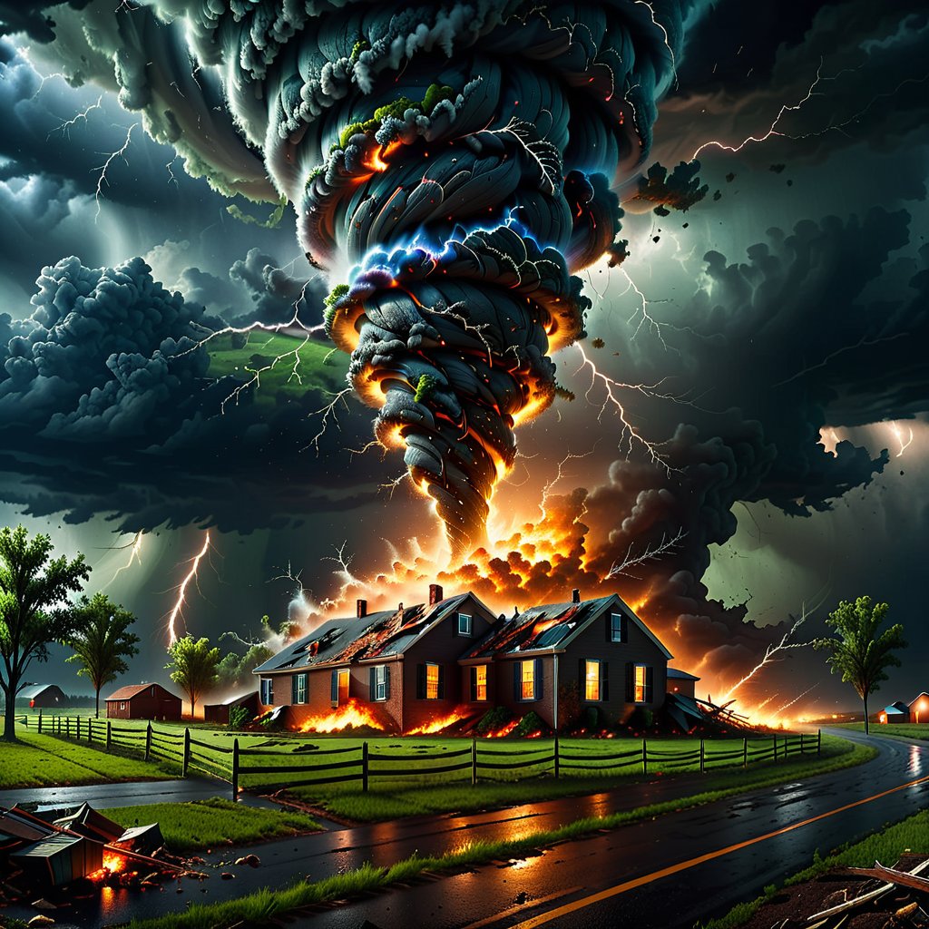 realistic image of a tornado ravaging a random landscape, (details:2.0), dark lighting,ral-embrglt