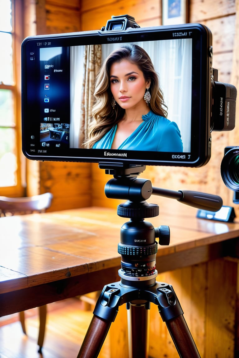 camera on a table, on the camera screen is the image of a woman,ral-embrglt