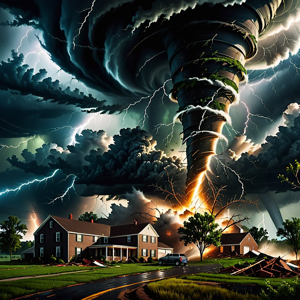 realistic image of a tornado ravaging a random landscape, (details:2.0), dark lighting