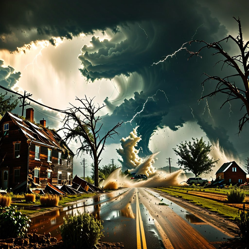 realistic image of a tornado ravaging a random landscape, (details:2.0), dark lighting