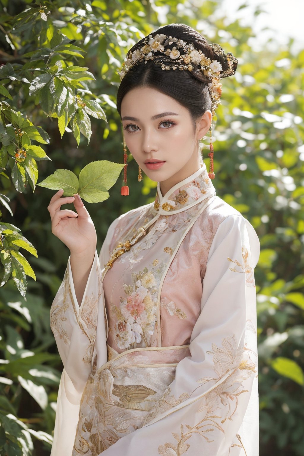 This is a photo showing a woman wearing traditional Chinese clothing, reflecting a historical or period style. The subject of the photo is the woman, wearing a bright, richly decorated and intricately embroidered dress. On her head is a special black hat decorated with a large pink flower and a golden butterfly. The background is composed of lush green foliage, suggesting a natural outdoor scene. The focus of the composition is the calm and dignified facial expression of the woman as she gently holds the leaf. This image exudes the essence of cultural richness, elegance and history.32k,