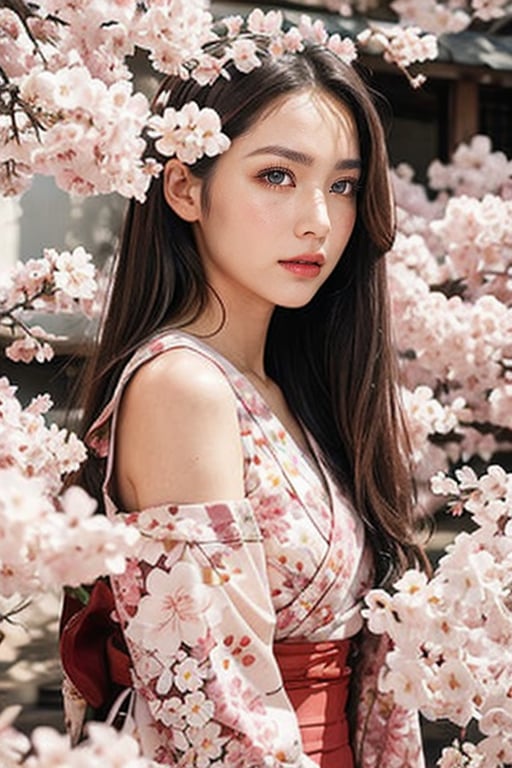 A 16-year-old Japanese beauty,in the sakura flowers.Turn slightly