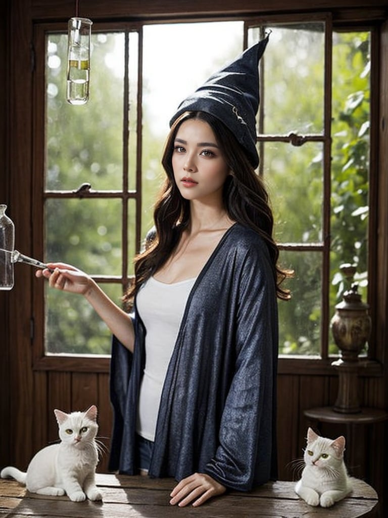 This is a digital art piece, potentially created by an artist specializing in fantasy illustrations. The composition centers around a witch-like figure with long grey hair, wearing an elaborate blue hat and robe. She is holding a white cat in one arm and stirring a black cauldron with the other hand. The background features a lush, sunlit forest, adding a mystical atmosphere. The foreground is detailed with various potion bottles and alchemical tools on a wooden table. The overall effect blends fantasy and nature, capturing a sense of enchanting magic. The lighting highlights the character and objects, with a soft focus on the background.