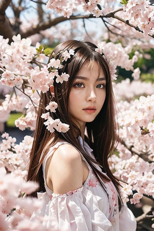 A 16-year-old Japanese beauty,in the sakura flowers.Turn slightly