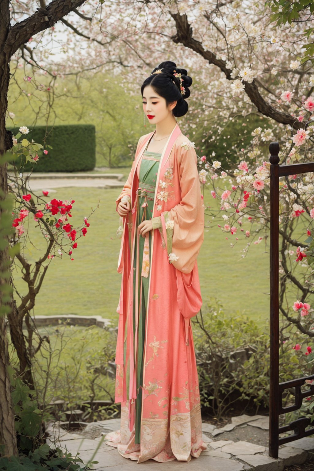 A beautiful woman in Tang Dynasty costume stands in the garden admiring flowers,