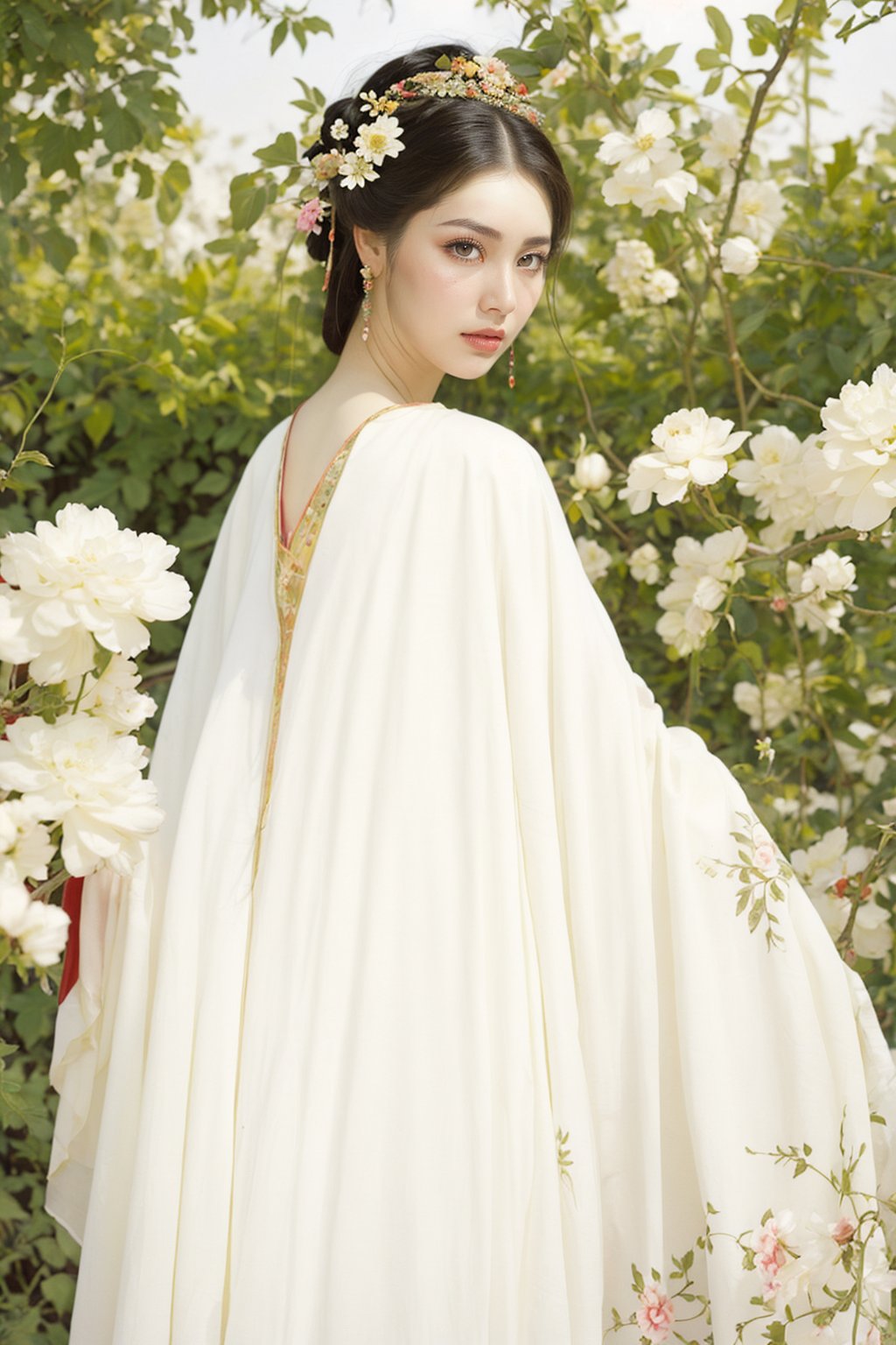 A beautiful woman in Tang Dynasty costume stands in the garden admiring flowers,