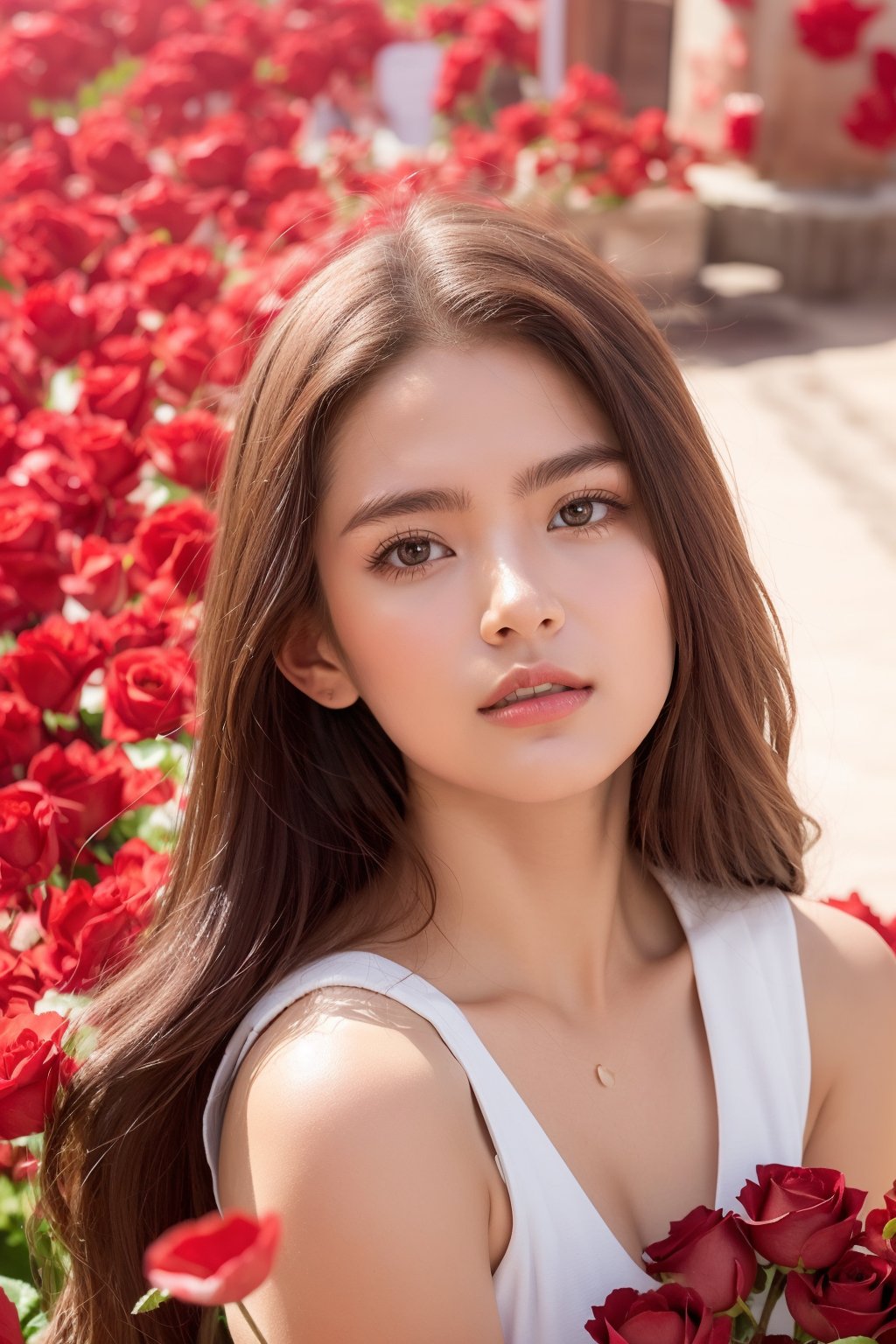  beautiful red roses and an explosion of red rose petals, creating a stunning scene that captures the essence of the celebration. a beautiful cute young attractive aussie teenage girl, village girl, 18 years old, cute, Instagram model, long brunette hair, big eyes,