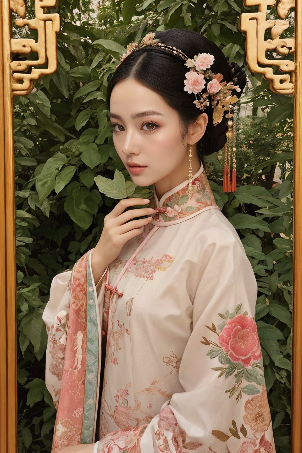 This is a photo showing a woman wearing traditional Chinese clothing, reflecting a historical or period style. The subject of the photo is the woman, wearing a bright, richly decorated and intricately embroidered dress. On her head is a special black hat decorated with a large pink flower and a golden butterfly. The background is composed of lush green foliage, suggesting a natural outdoor scene. The focus of the composition is the calm and dignified facial expression of the woman as she gently holds the leaf. This image exudes the essence of cultural richness, elegance and history.32k,