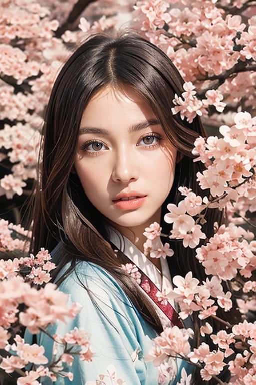 A 16-year-old Japanese beauty,in the sakura flowers.Turn slightly