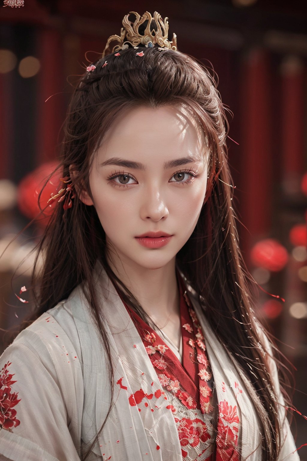 bicolor, ink splatter, samirai girl, sakura rose \(flower\), red blood, japan ink art, splash, intricate details, volumetric lighting, cinematic, detailed, realistic,Chinese hanfu