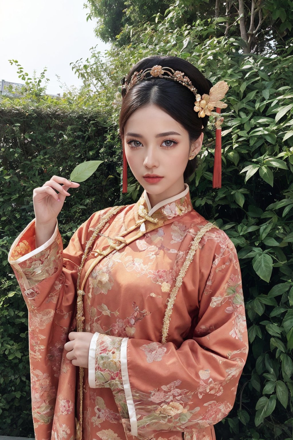 This is a photo showing a woman wearing traditional Chinese clothing, reflecting a historical or period style. The subject of the photo is the woman, wearing a bright, richly decorated and intricately embroidered dress. On her head is a special black hat decorated with a large pink flower and a golden butterfly. The background is composed of lush green foliage, suggesting a natural outdoor scene. The focus of the composition is the calm and dignified facial expression of the woman as she gently holds the leaf. This image exudes the essence of cultural richness, elegance and history.32k,