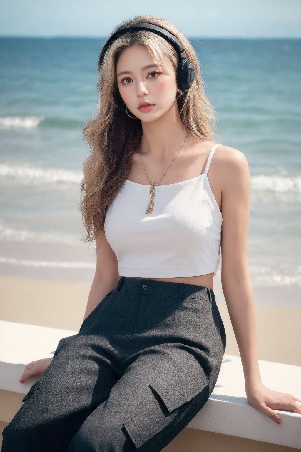 French girl,grey blonde hair(very long hair, curly_hair),hiphop dancer,wearing all black clothes (loose fit top and wide cargo pants),sneakers,headphone, sitting at sea bank,horizon,seaside,accessories(necklace,ear_rings),Best Quality, 32k, photorealistic, ultra-detailed, finely detailed, high resolution, perfect dynamic composition, beautiful detailed eyes, sharp-focus, cowboy_shot,