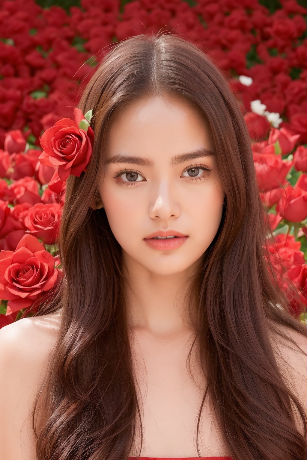  beautiful red roses and an explosion of red rose petals, creating a stunning scene that captures the essence of the celebration. a beautiful cute young attractive aussie teenage girl, village girl, 18 years old, cute, Instagram model, long brunette hair, big eyes,