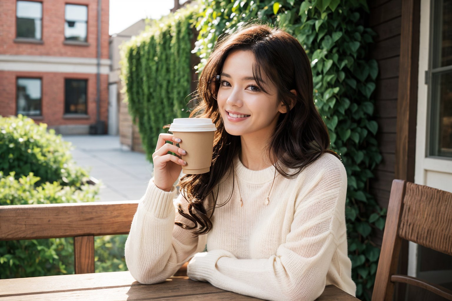 a woman ,with long wavy hair ,wearing sunglasses, wrapped in a cozy beige sweater, sitting near a large window. She holds a cup of coffee in her hand. A cat rests on a wooden table beside her. The background is a sunlit outdoor scene with buildings and greenery.