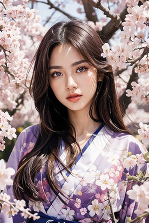 A 16-year-old Japanese beauty,in the sakura flowers.Turn slightly