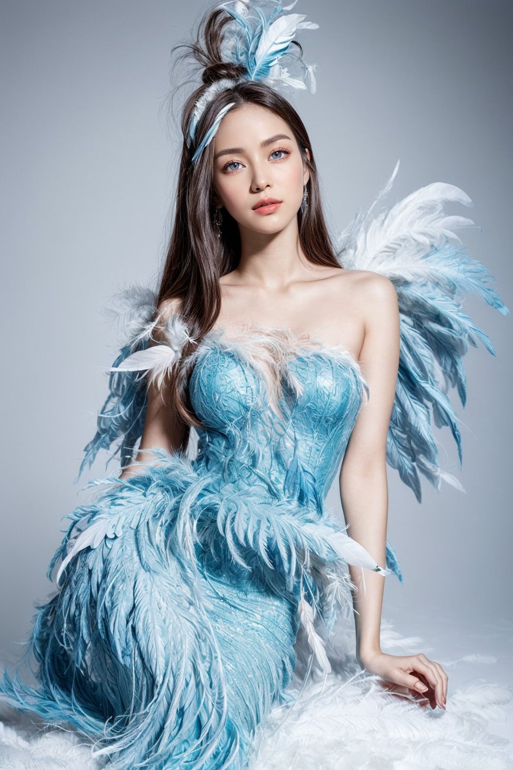 masterpiece, top quality, (arafed woman in a blue dress sitting on the floor that full of white feathers, ethereal beauty, wearing a feather dress, ethereal fantasy, xianxia fantasy, ethereal fairytale, dress made of feathers, blue feathers, incredibly ethereal, soft feather, fantasy beautiful, full body made of white feathers, jingna zhang, white feathers, chinese fantasy, a stunning young ethereal figure), extreme detailed, (abstract, fractal art:1.3), isometric, highest detailed, (feather), ghost.,1girl, most beautiful korean girl, Korean beauty model, stunningly beautiful girl, gorgeous girl, 18yo, over sized eyes, big eyes, smiling, looking at viewer,realhands,best quality,milokk,wings