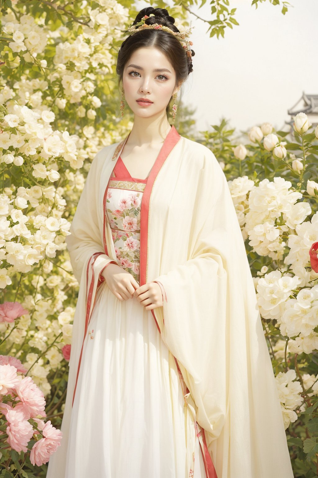 A beautiful woman in Tang Dynasty costume stands in the garden admiring flowers,