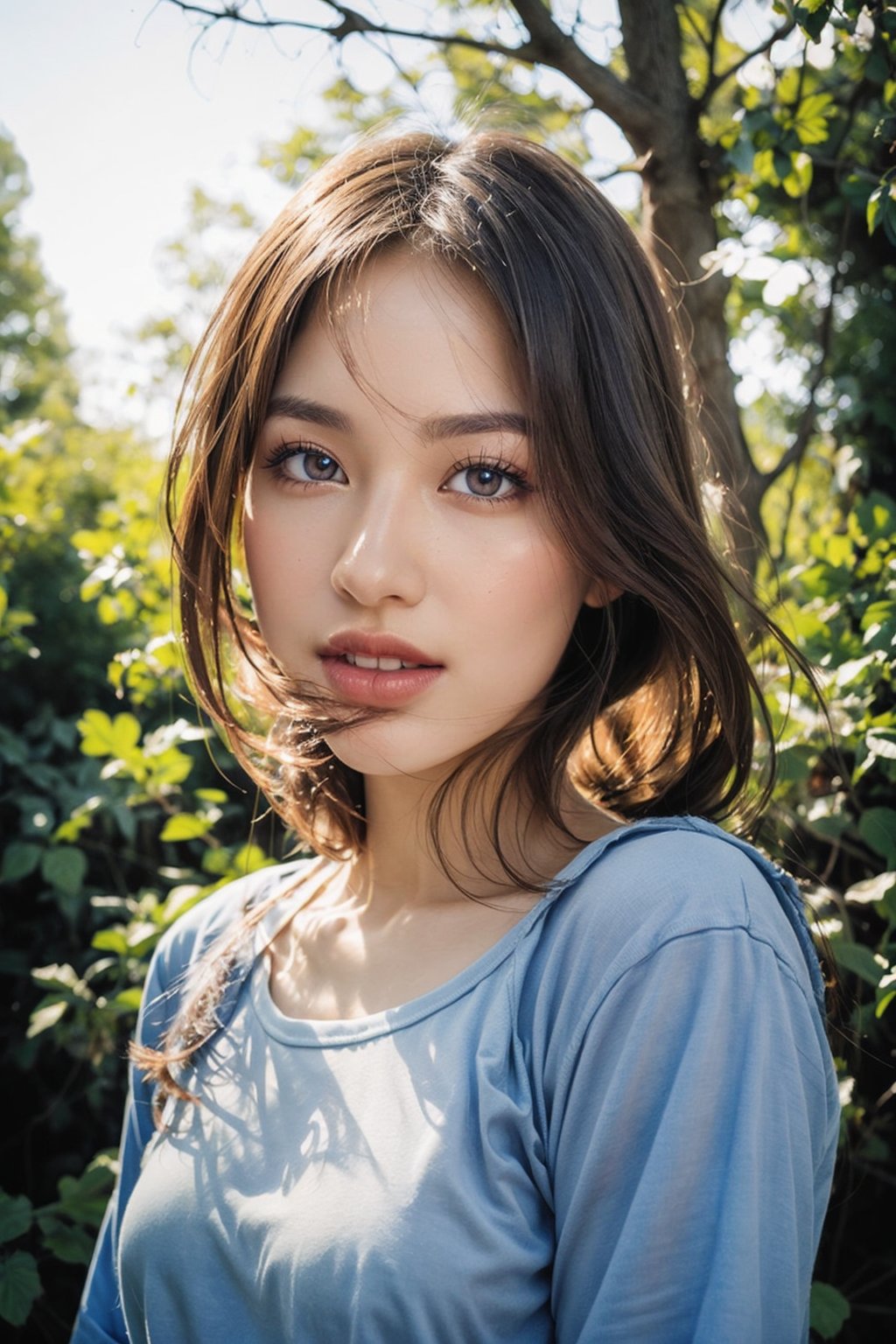 Masterpiece, top quality, high definition, artistic composition, 1 girl, upper body, composition from below, smiling, cotton shirt, looking at me, blue sky, sunlight through trees, casual, portrait, warm, reaching out