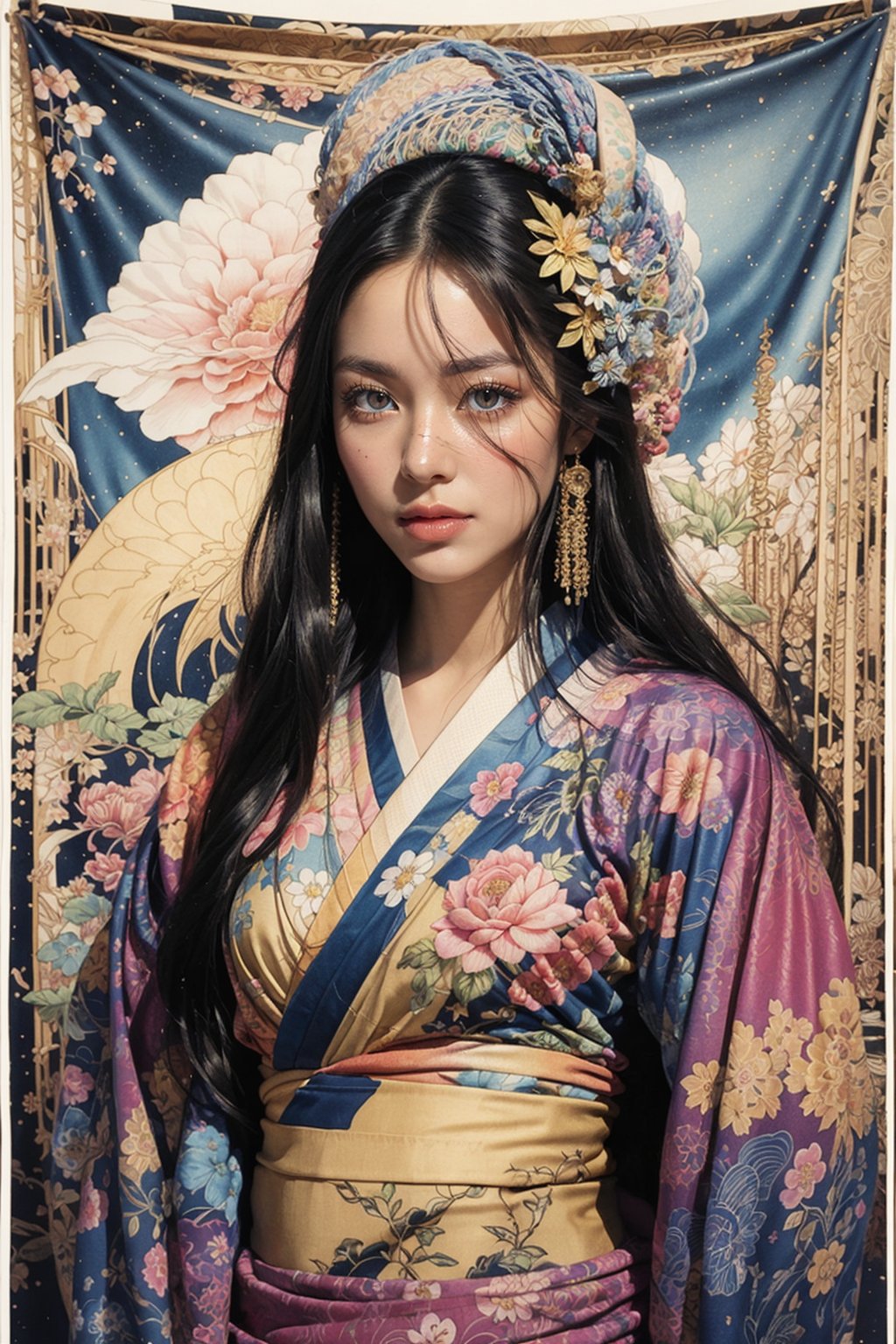 Masterpieces, Best Quality, Official Art, Aesthetics, 1girl, Asian girl, kimono, detailed background, isometric, art nouveau, flower, rose, fractal art, realhands, AI_Misaki, (zentangle, mandala, tangle, tangle), (psychedelic, flower, tapestry, Ethereal), holy light, gold leaf, gold leaf art, glitter painting, black,