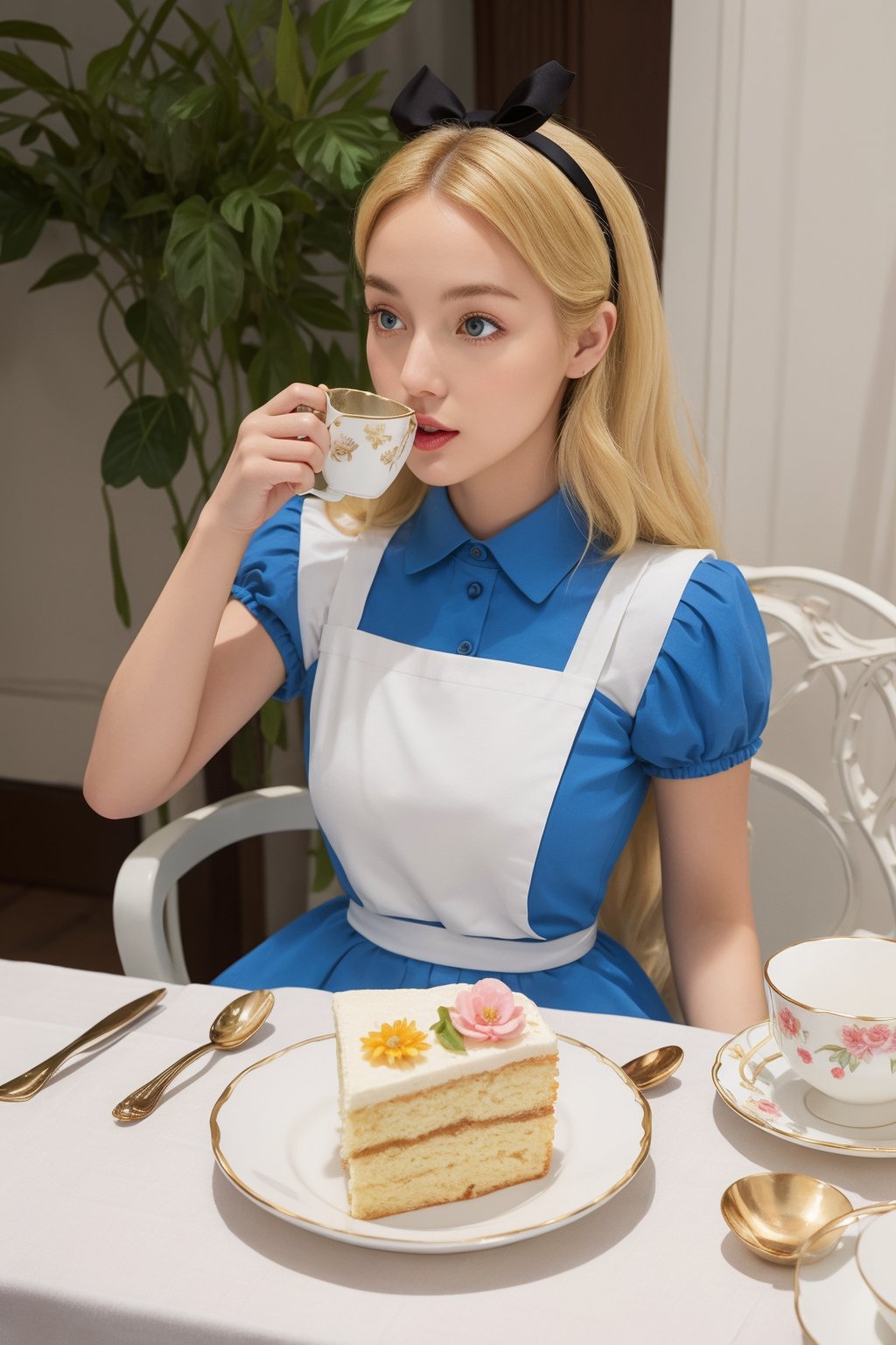 In the photo, a woman appears to be drinking tea. She was wearing a blue puff-sleeved princess dress, a white apron, and a black hairband tied into a bow. She looks cute and playful. Her blond hair was styled into big, fluffy waves, adding to her elegant temperament. The woman holds a delicate porcelain teacup with a matching saucer with a floral pattern. Teacups and saucers were placed on a table covered with a white tablecloth and decorated with a gold floral pattern. There is a piece of cake on the plate, a scene from Alice in Wonderland. The overall atmosphere is that of a fantasy fairy tale, (alice in wonderland)