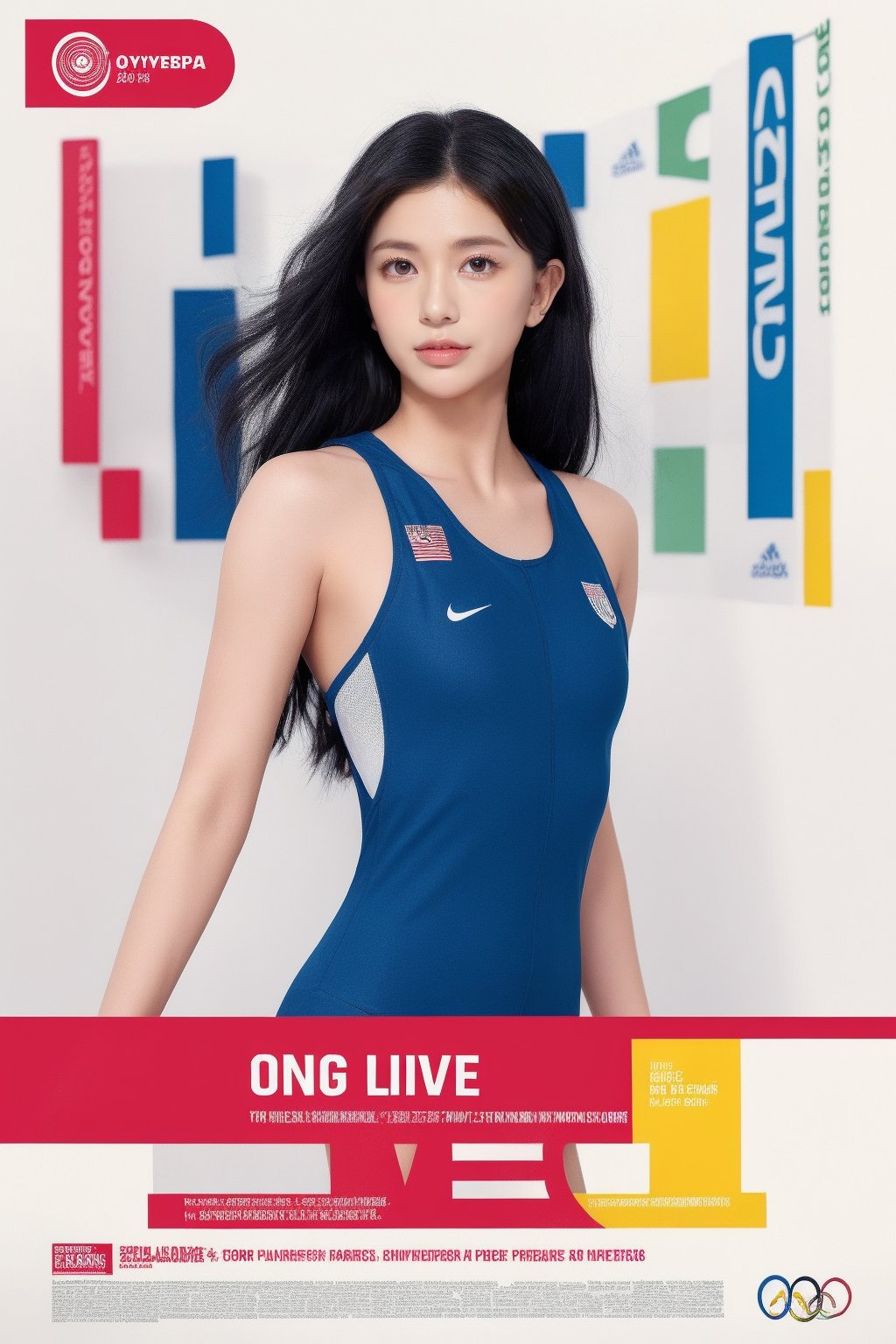 a chest up advertising poster of a beautiful student model at diving platform, long black hair with blue streak hair, chignon, lively pose, beautiful bold typograhy of text: 'Like a NCG', a ncg,flat illustration, in only four colors, PARIS 2024, olympic games