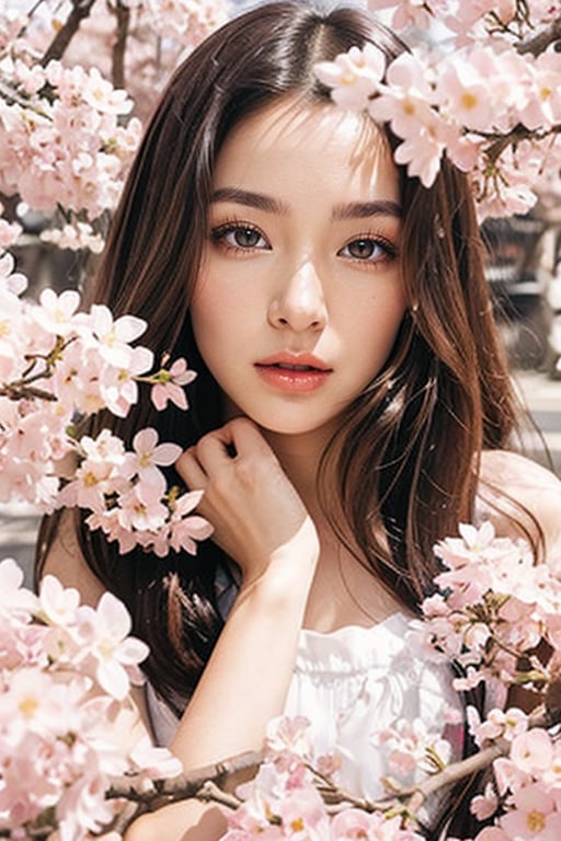 A 16-year-old Japanese beauty,in the sakura flowers.Turn slightly