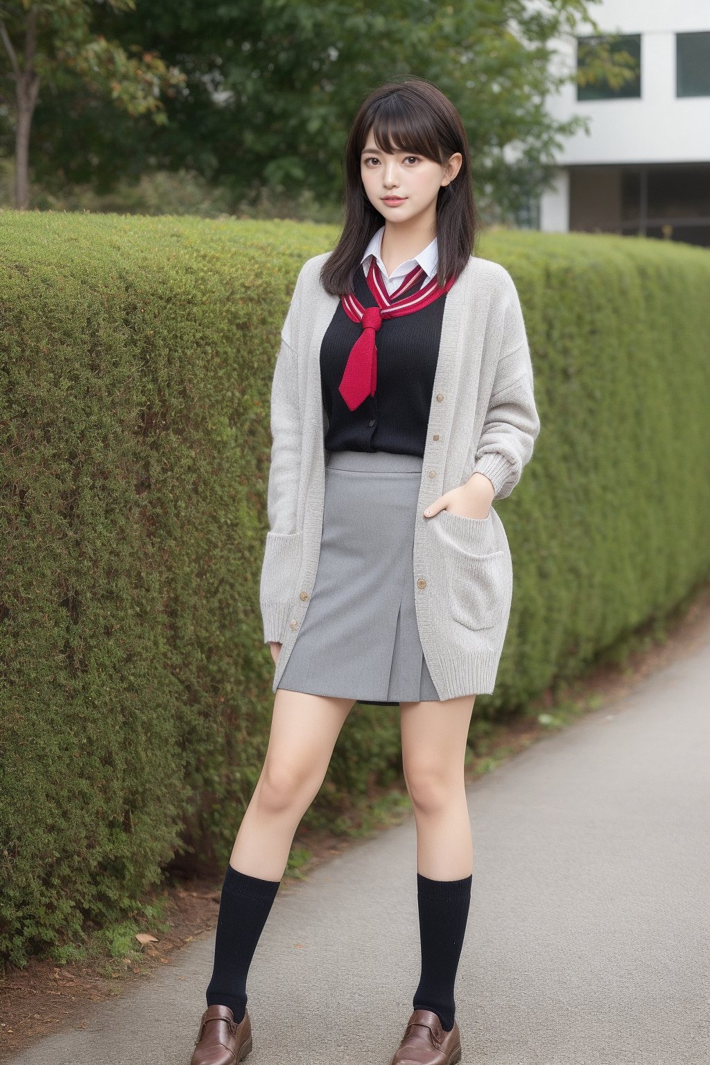 1girl,black-hair,(blunt_bangs),18 years old,school_uniform,knit cardigan,gray skirt,red tie,loose socks,