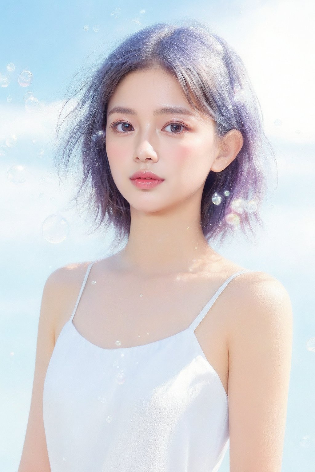 1girl,solo,white background,falling down,floating,in air,floating hair,Bubbles, blue eyes, clear sparkling deep eyes, smiling, happy, open mouth,refracted sunlight, light spots, sadness, lowered head,short hair
pastel,perfect light