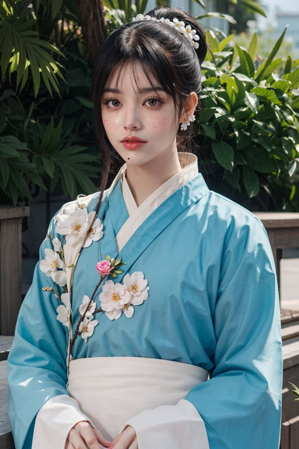 long hair, looking at viewer, black hair, hair ornament, long sleeves, jewelry, upper body, ponytail, flower, male focus, earrings, multiple boys, hair flower, 2boys, bird, chinese clothes, tassel, realistic, hair stick, hanfu