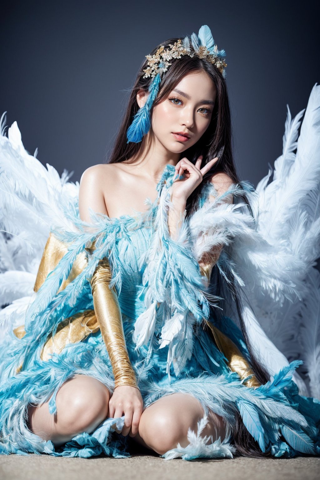 masterpiece, top quality, (arafed woman in a blue dress sitting on the floor that full of white feathers, ethereal beauty, wearing a feather dress, ethereal fantasy, xianxia fantasy, ethereal fairytale, dress made of feathers, blue feathers, incredibly ethereal, soft feather, fantasy beautiful, full body made of white feathers, jingna zhang, white feathers, chinese fantasy, a stunning young ethereal figure), extreme detailed, (abstract, fractal art:1.3), isometric, highest detailed, (feather), ghost.,1girl, most beautiful korean girl, Korean beauty model, stunningly beautiful girl, gorgeous girl, 18yo, over sized eyes, big eyes, smiling, looking at viewer,realhands,best quality