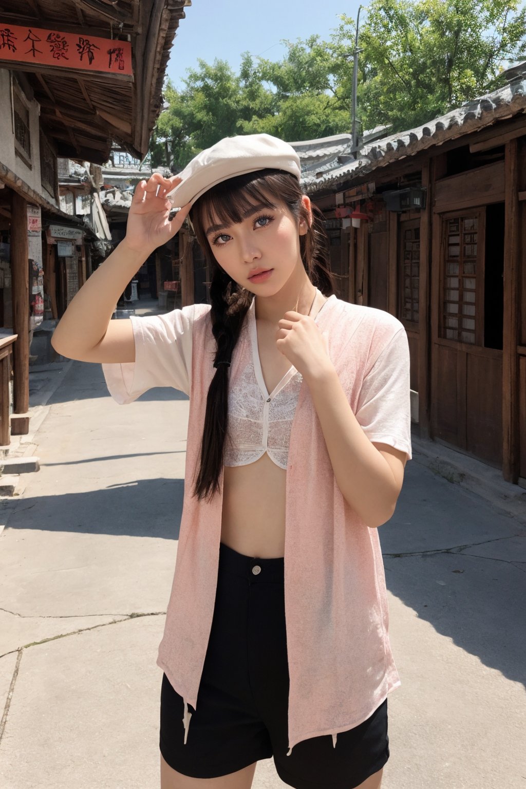 hutaornd, masterpiece, best quality, 1girl, hu tao (genshin impact), boo tao,hat, red eyes, twintails, brown hair, solo, symbol-shaped pupils, long hair,bangs, black shorts , chinese clothes, flat_chest, Standing in a picturesque Chinese village. With a mischievous expression on his face, Hu Tao raises one hand in a gesture of greeting, while with the other hand he makes a playful gesture, as if he is up to something. His mischievous smile and mischievous look reflect his playful and energetic personality. The atmosphere of the Chinese village is reflected in the details of the pagoda roofs and hanging lanterns that decorate the cityscape.
,incredibly absurdres,32k,