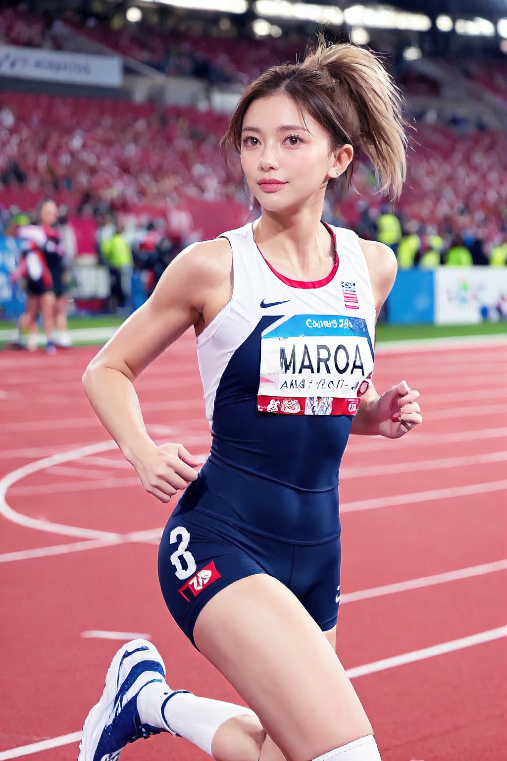 olympic Stadium,great crowds of spectators around the stadium,olympic emblem,track,1 girl,sprinter,blonde hair,blue eyes,long ponytail,wearing short and tight uniform( Text "PARIS 2024" written on her top),knee pads,running shoes,100meter sprint,she is running and crossing the finish line,lift both arms,smile,cowboy_shot,