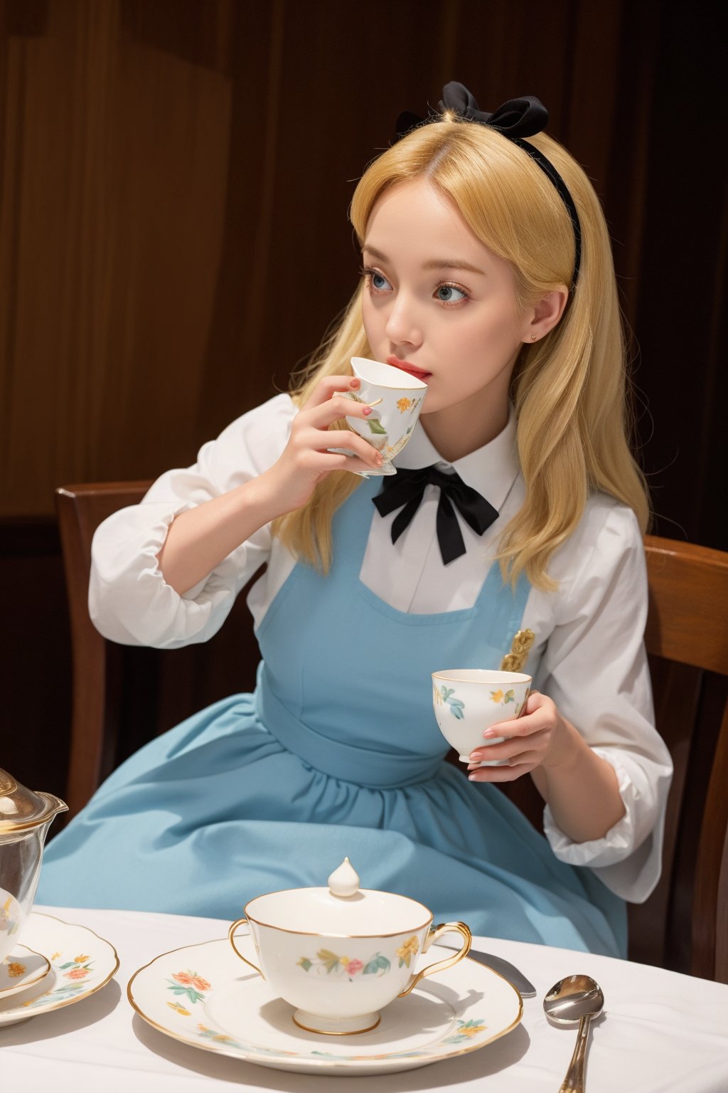 In the photo, a woman appears to be drinking tea. She was wearing a blue puff-sleeved princess dress, a white apron, and a black hairband tied into a bow. She looks cute and playful. Her blond hair was styled into big, fluffy waves, adding to her elegant temperament. The woman holds a delicate porcelain teacup with a matching saucer with a floral pattern. Teacups and saucers were placed on a table covered with a white tablecloth and decorated with a gold floral pattern. There is a piece of cake on the plate, a scene from Alice in Wonderland. The overall atmosphere is that of a fantasy fairy tale, (alice in wonderland)