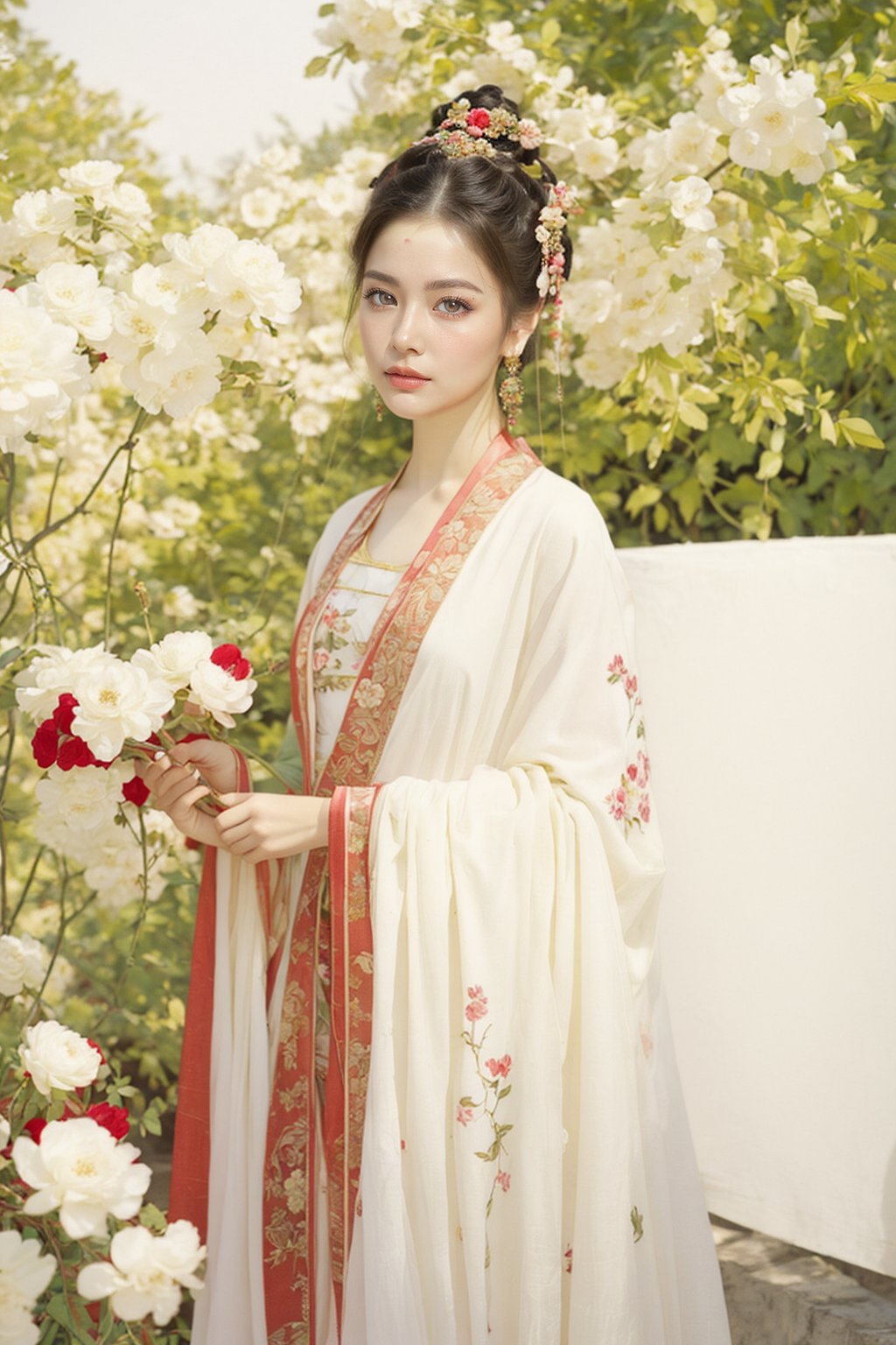 A beautiful woman in Tang Dynasty costume stands in the garden admiring flowers,