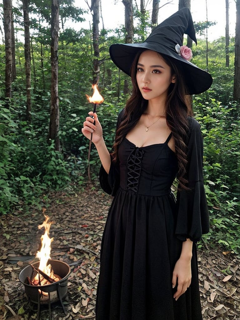 1girl, Witch ,Mixing potions,in the forest ,Beautiful ,Wearing witch clothes ,wear a flower hat ,1cat beside ,Make a fire and cook ,
