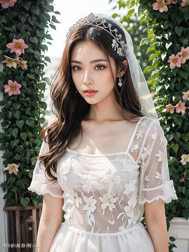 2 girl, solo, detailed eyes, blink and youll miss it detail, silk shirt, outdoors, flower garden, high quality, floral background, very detailed,wonder beauty ,Enhance,JeeSoo,wedding_dress,gemstone jewelry,jeweled crown,handsome groom