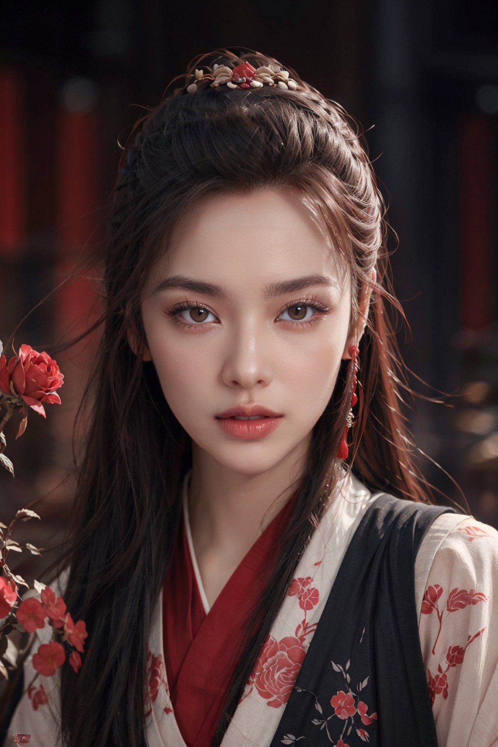 bicolor, ink splatter, samirai girl, sakura rose \(flower\), red blood, japan ink art, splash, intricate details, volumetric lighting, cinematic, detailed, realistic,Chinese hanfu