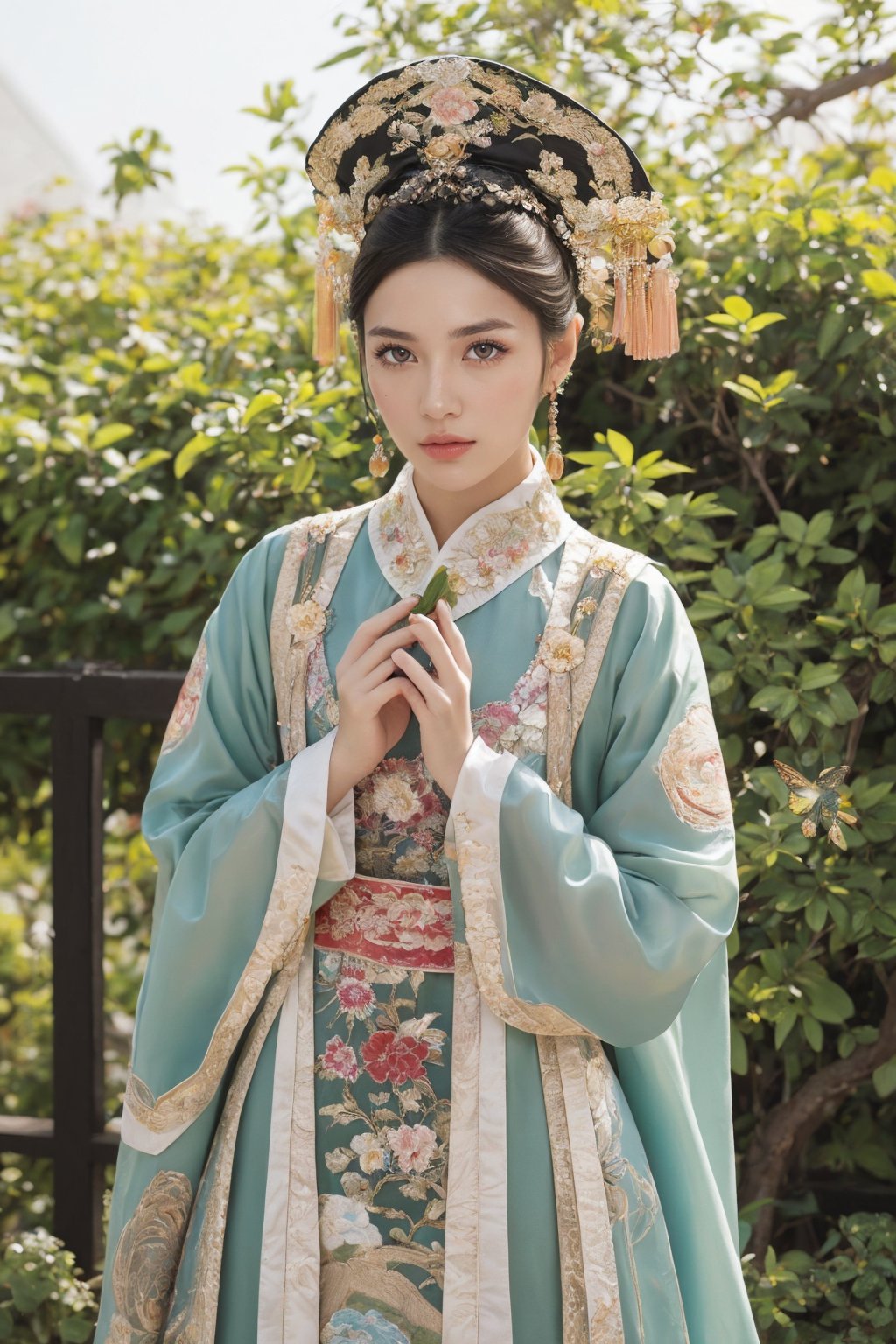 This is a photo showing a woman wearing traditional Chinese clothing, reflecting a historical or period style. The subject of the photo is the woman, wearing a bright, richly decorated and intricately embroidered dress. On her head is a special black hat decorated with a large pink flower and a golden butterfly. The background is composed of lush green foliage, suggesting a natural outdoor scene. The focus of the composition is the calm and dignified facial expression of the woman as she gently holds the leaf. This image exudes the essence of cultural richness, elegance and history.32k,