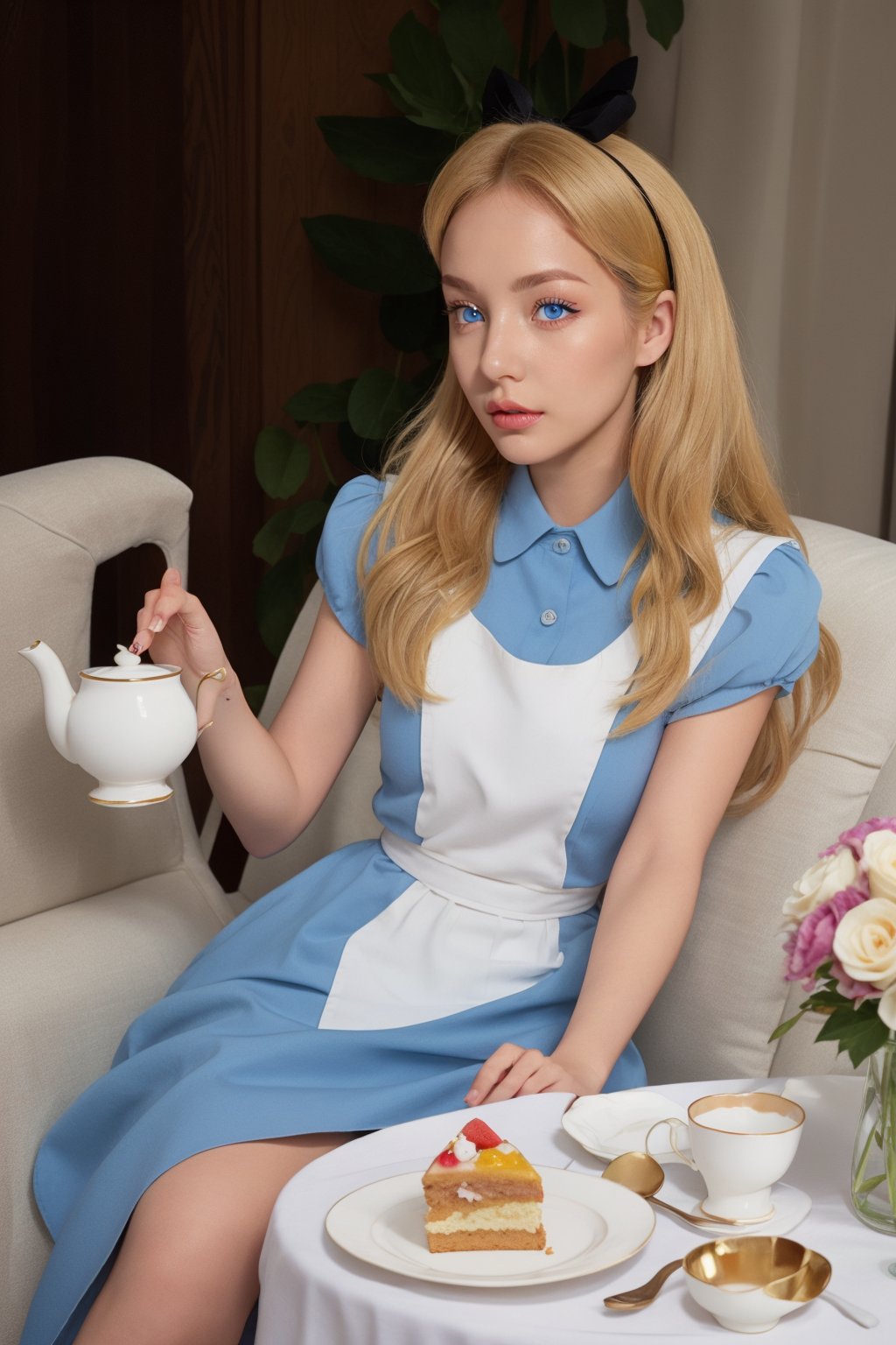 In the photo, a woman appears to be drinking tea. She was wearing a blue puff-sleeved princess dress, a white apron, and a black hairband tied into a bow. She looks cute and playful. Her blond hair was styled into big, fluffy waves, adding to her elegant temperament. The woman holds a delicate porcelain teacup with a matching saucer with a floral pattern. Teacups and saucers were placed on a table covered with a white tablecloth and decorated with a gold floral pattern. There is a piece of cake on the plate, a scene from Alice in Wonderland. The overall atmosphere is that of a fantasy fairy tale, (alice in wonderland)