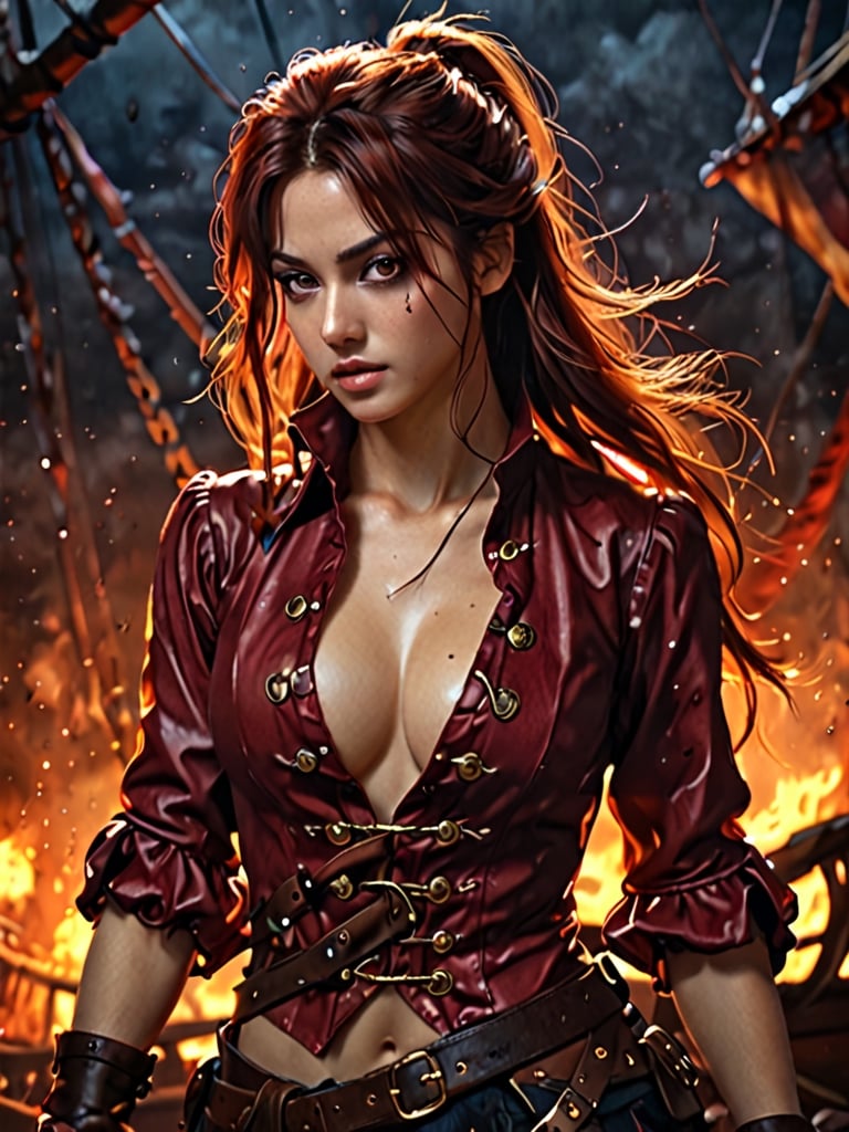 Sensual Beauty (Talia Morgulis) 18-th Century Pirate Captain, (vivid eyes), smooth long Brown ponytail hair, wearing, (traditional 18-th century Burgundy Pirate outfit), Commanding her ship, ((Pirate ship deck Background)) , (dynamic pose, random pose, modeling:1.4), (Mid body shot), sensual, beautiful, mesmerizing, concept art, highly detailed, artstation, behance, deviantart, inspired by innocent manga, inspired by video game concept art, trending, ayami kojima, shinichi sakamoto, Extremely Realistic, UHD, 8K, sharp focus, highly detailed masterpiece, bokeh, masterful volumetric lighting, epic light, intricate, intense colors, vibrant colors, chromatic aberration, epic fantasy, powerful aura, passionate, sensual, sexy, fiery,oil paint,Movie Poster,oil painting, chiaroscuro, tenebrism