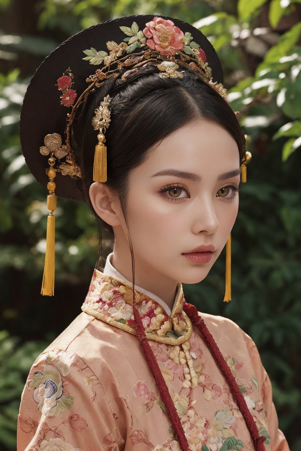 This is a photo showing a woman wearing traditional Chinese clothing, reflecting a historical or period style. The subject of the photo is the woman, wearing a bright, richly decorated and intricately embroidered dress. On her head is a special black hat decorated with a large pink flower and a golden butterfly. The background is composed of lush green foliage, suggesting a natural outdoor scene. The focus of the composition is the calm and dignified facial expression of the woman as she gently holds the leaf. This image exudes the essence of cultural richness, elegance and history.32k,